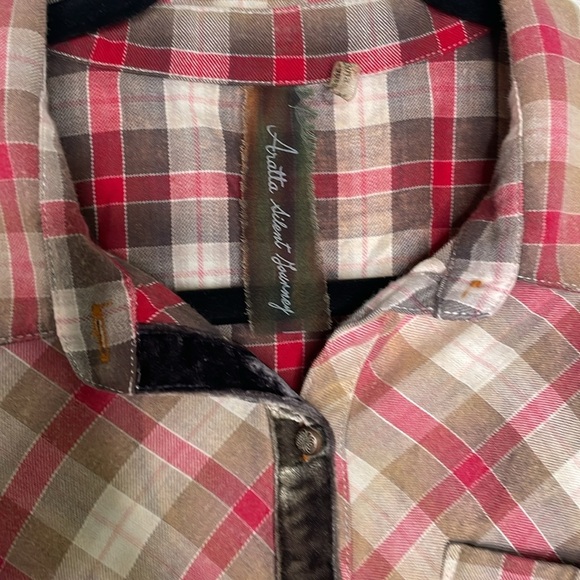 Anthropologie Aratta Silent Journey Boho Multicolor Plaid Button-Down Top - Picture 3 of 8